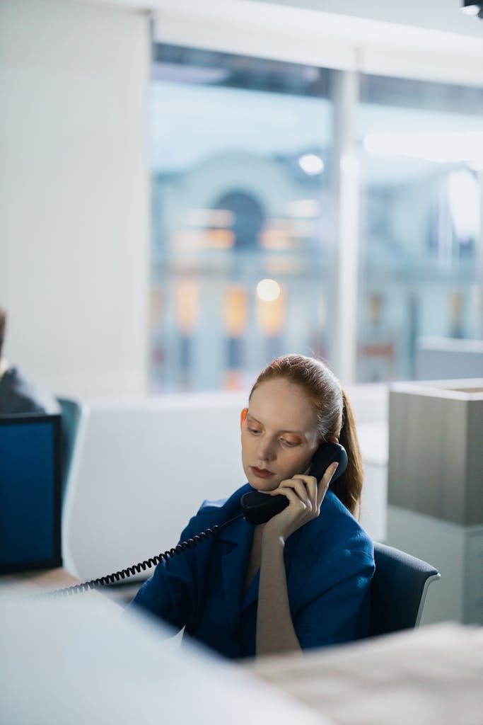 Focused businesswoman talking on phone in modern open office environment.